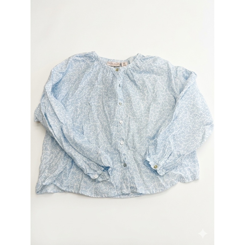 Laura Ashley Blouse Womens XS Blue Floral Good Linen Button Down Long Sleeve